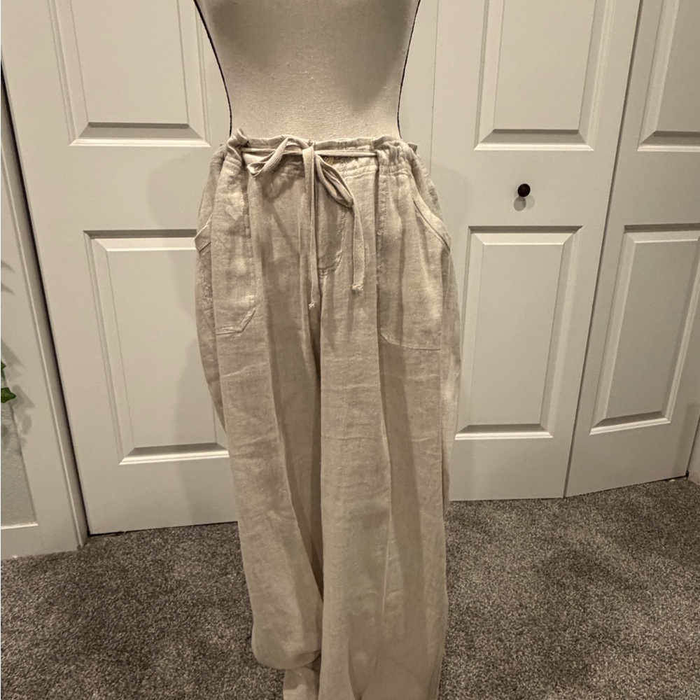 Elegant Beige Wide Leg Linen Pants